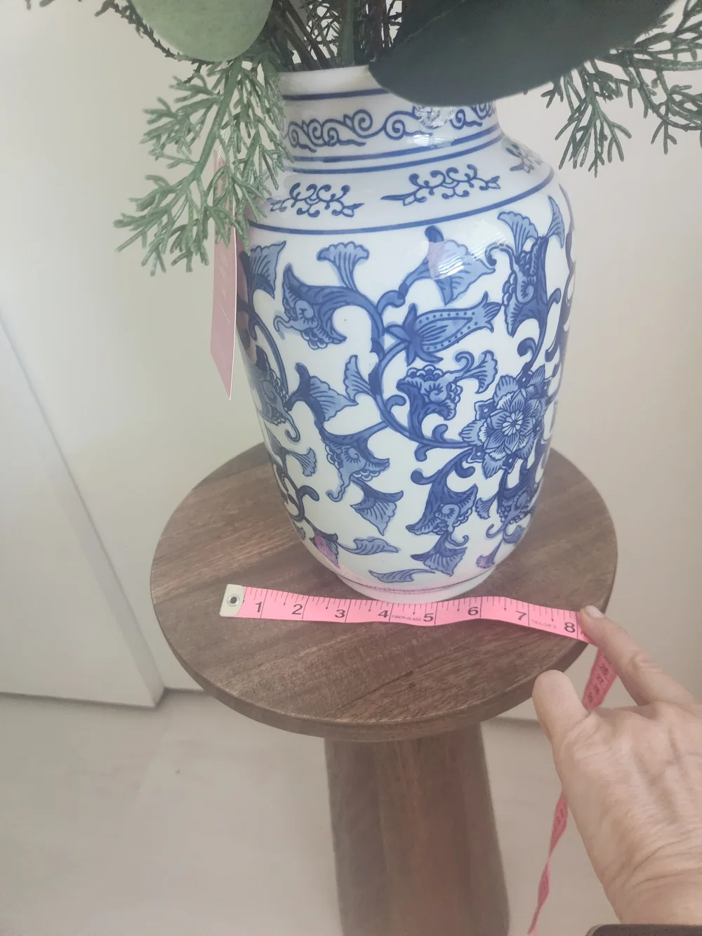 Blue and White Chinoiseire Ceramic Ginger Jar Vase with Holiday Pine Arrangement